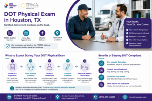 DOT physical exam infographic in Houston showing FMCSA-certified exams, same-day appointments, CDL medical cards, urinalysis screening, and DOT compliance benefits.