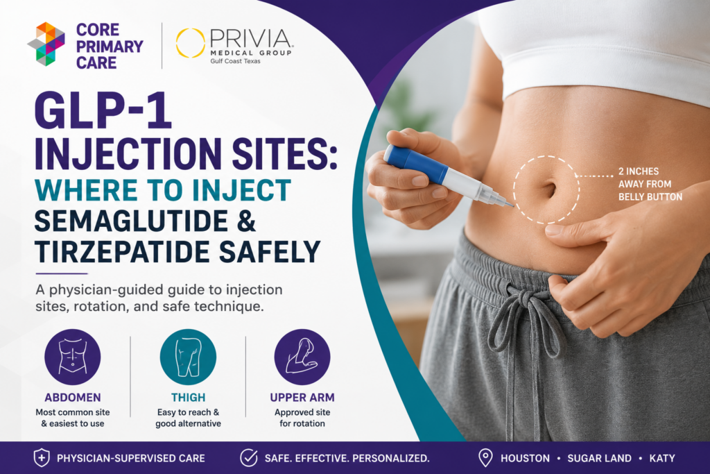 GLP-1 injection sites feature image showing where to inject semaglutide and tirzepatide safely, including abdomen, thigh, and upper arm locations.
