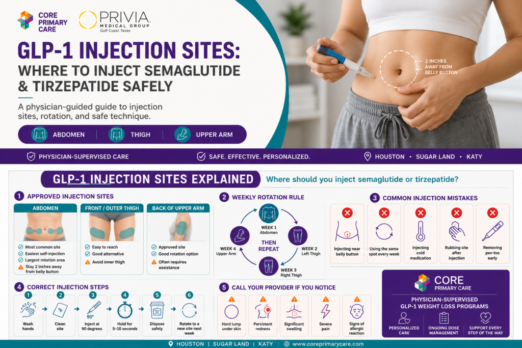 GLP-1 injection site infographic showing approved semaglutide and tirzepatide injection locations, weekly site rotation schedule, common mistakes, injection steps, and safety guidance.