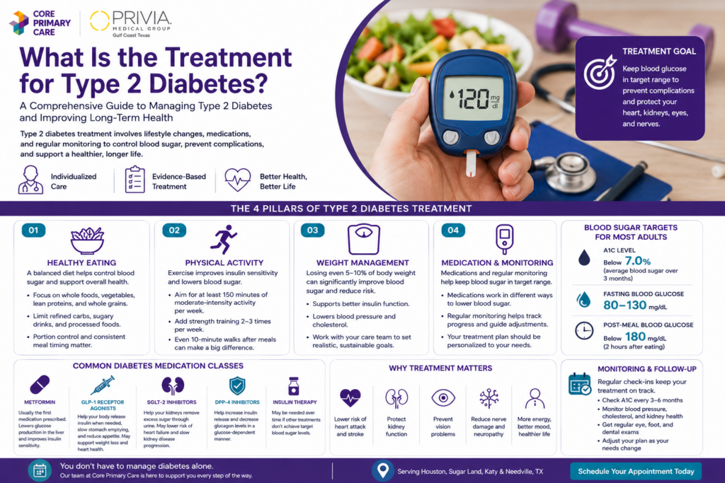 Comprehensive type 2 diabetes infographic covering blood sugar control, healthy eating, physical activity, weight loss, diabetes medications, monitoring, and long-term complication prevention.