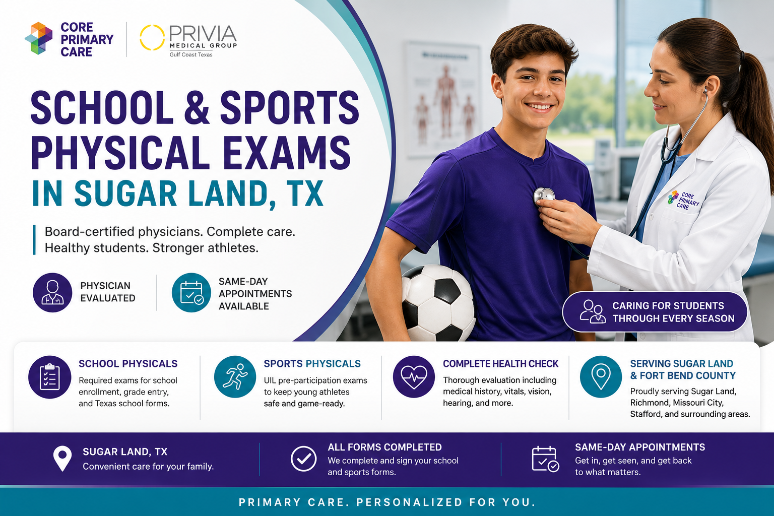 School and sports physical exams in Sugar Land, TX for students and athletes with board-certified physicians, same-day appointments, and completed school forms at Core Primary Care.